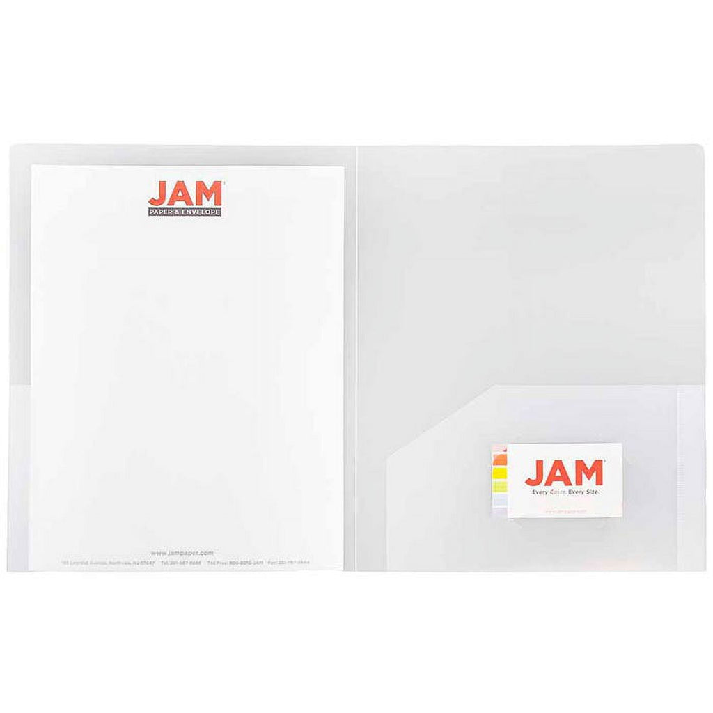 JAM Paper Plastic 2 Pocket Heavy Duty Folders, Clear, 9 x 12, 6 Pack