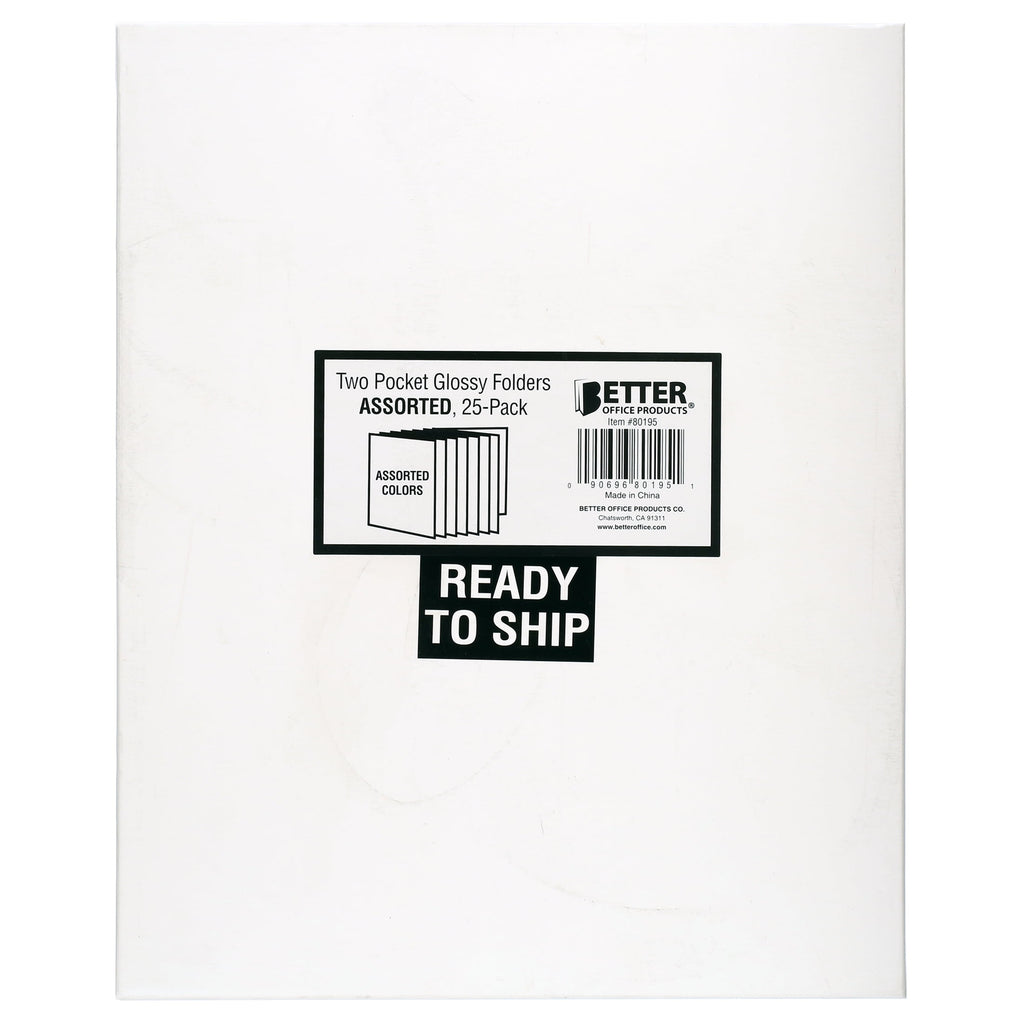 Better Office Products - Pocket folder - 2 compartments - for Letter A Size (8.5 in x 11 in) - capacity: 100 sheets - black, red, blue, purple, orange, green, yellow (pack of 25)