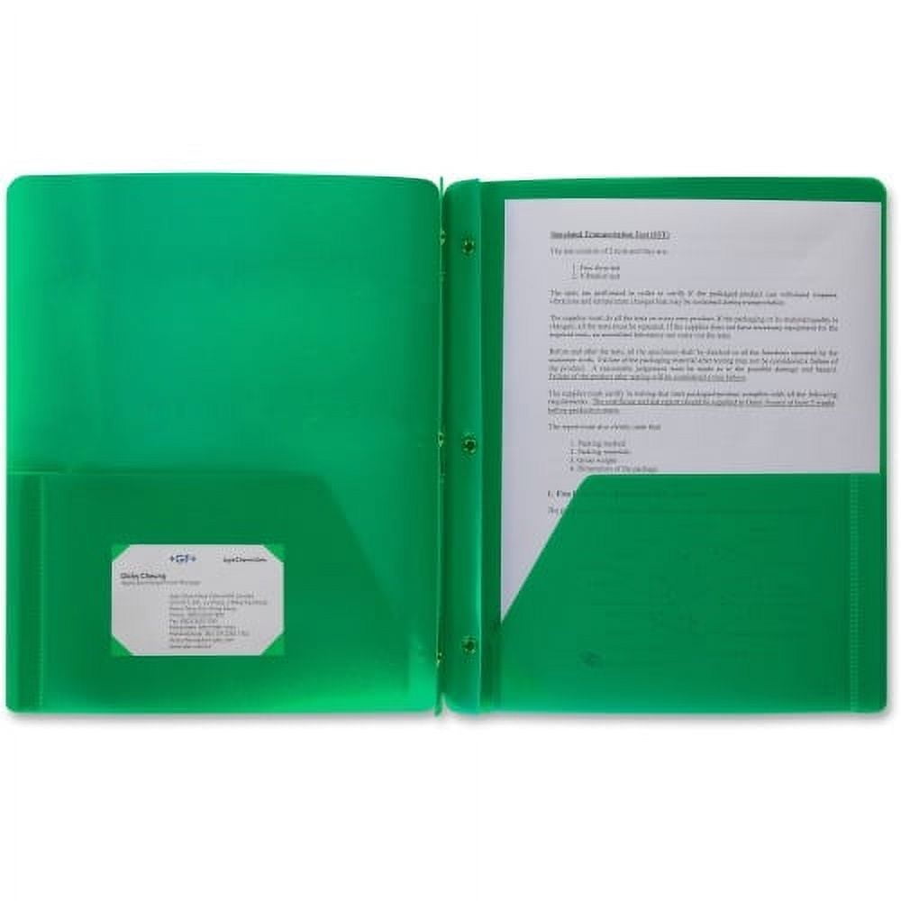 Business Source 3-Hole Punched Poly Portfolios Letter - 8 1/2" x 11" Sheet Size - 50 Sheet Capacity - 3 x Prong Fastener(s) - 2 Pocket(s) - Poly - Green - 1 Each