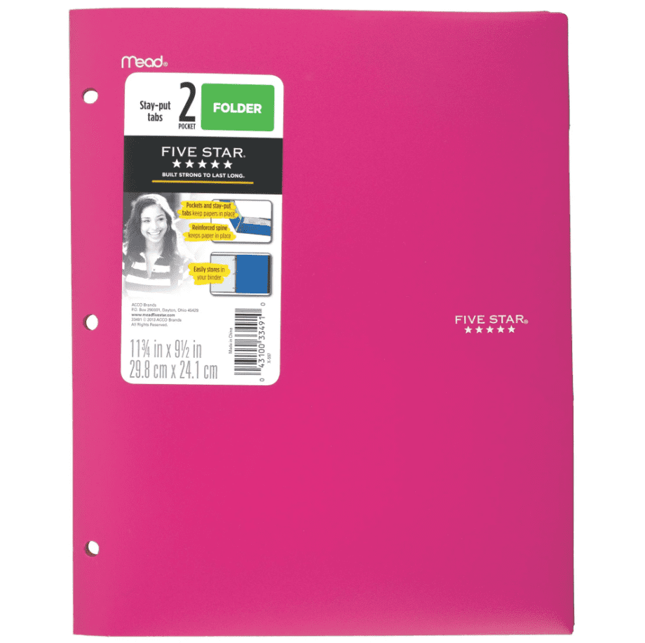 Five Star Plastic Folder 2-Pocket Stay-Put 11.75" x 9.5" Grey