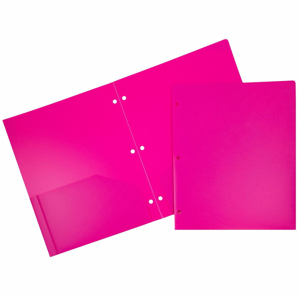 JAM Paper Heavy Duty Plastic 3 Hole Punch Pocket Folders, Extra Tough, Fuchsia Hot Pink, Bulk 48/Pack