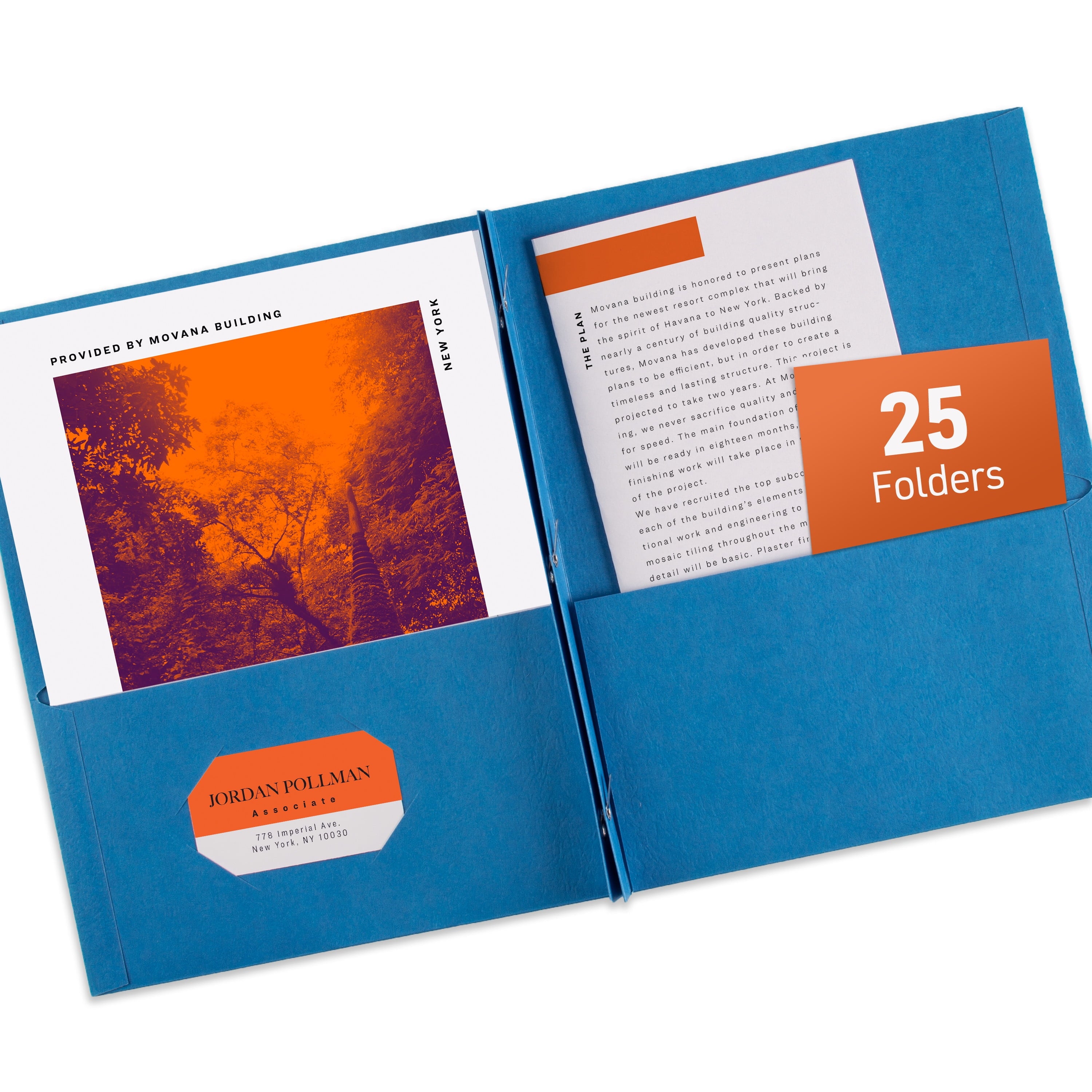 Two Pocket Folders with 3 Prong Fasteners, 25 Blue Folders (47976)