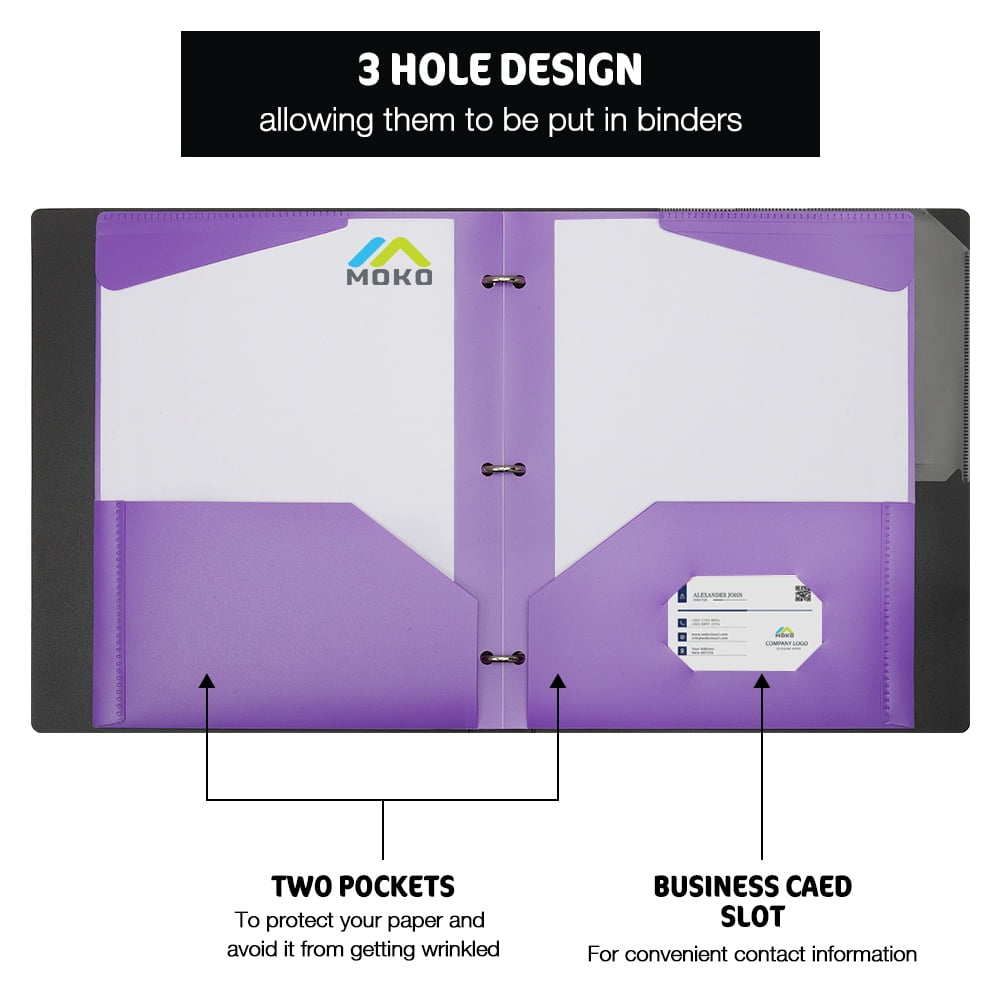 MoKo 12pcs Durable Pocket Folders, 3 Hole Punch Presentation Letter Size Folders, Multicolor