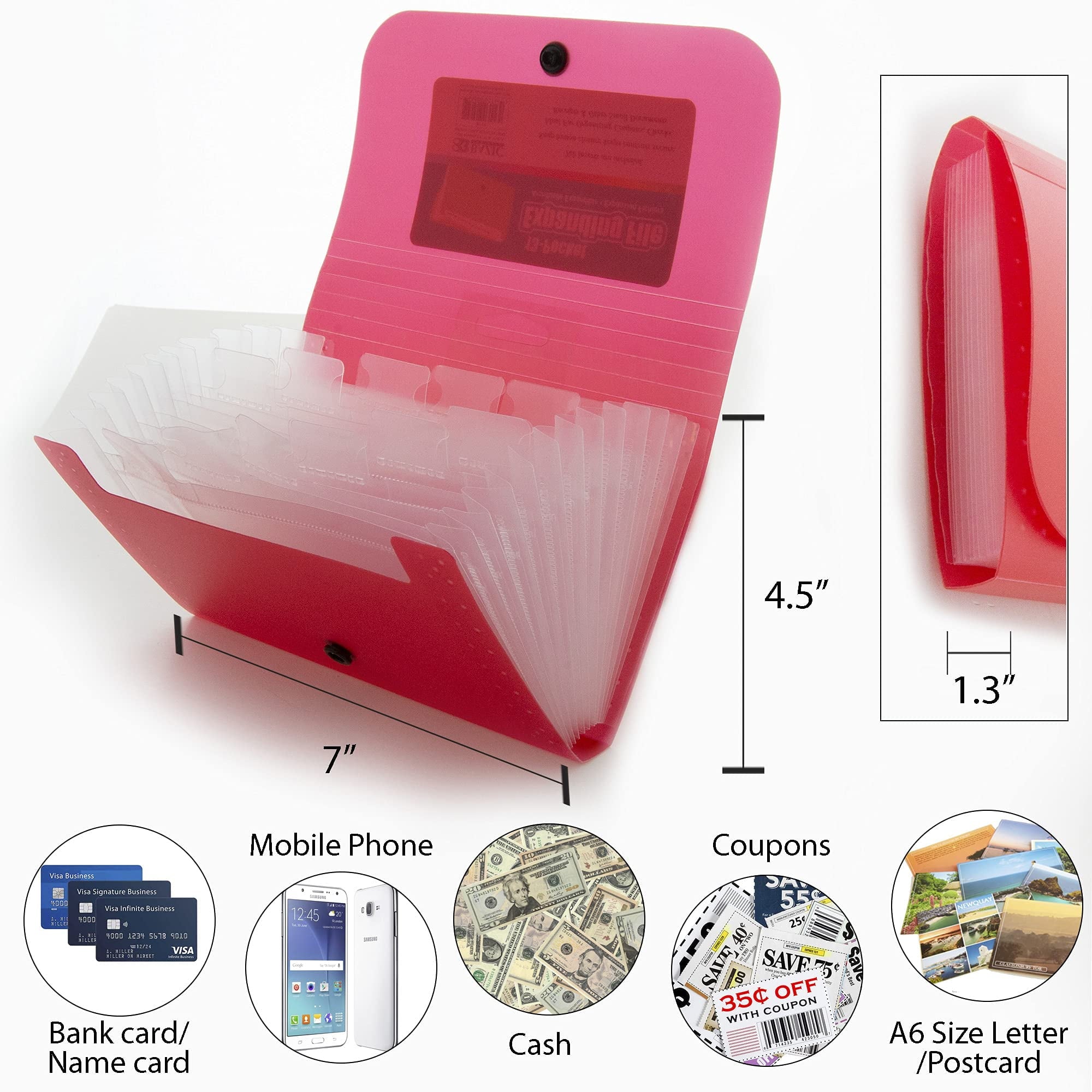 BAZIC Expanding File Plastic Folder 13 Pockets Coupon Size Envelopes, 6-Pack