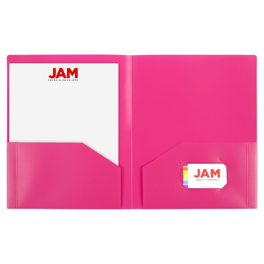 JAM Paper Heavy Duty Plastic Two Pocket Presentation Folders, Fuchsia Pink, 6 Pack